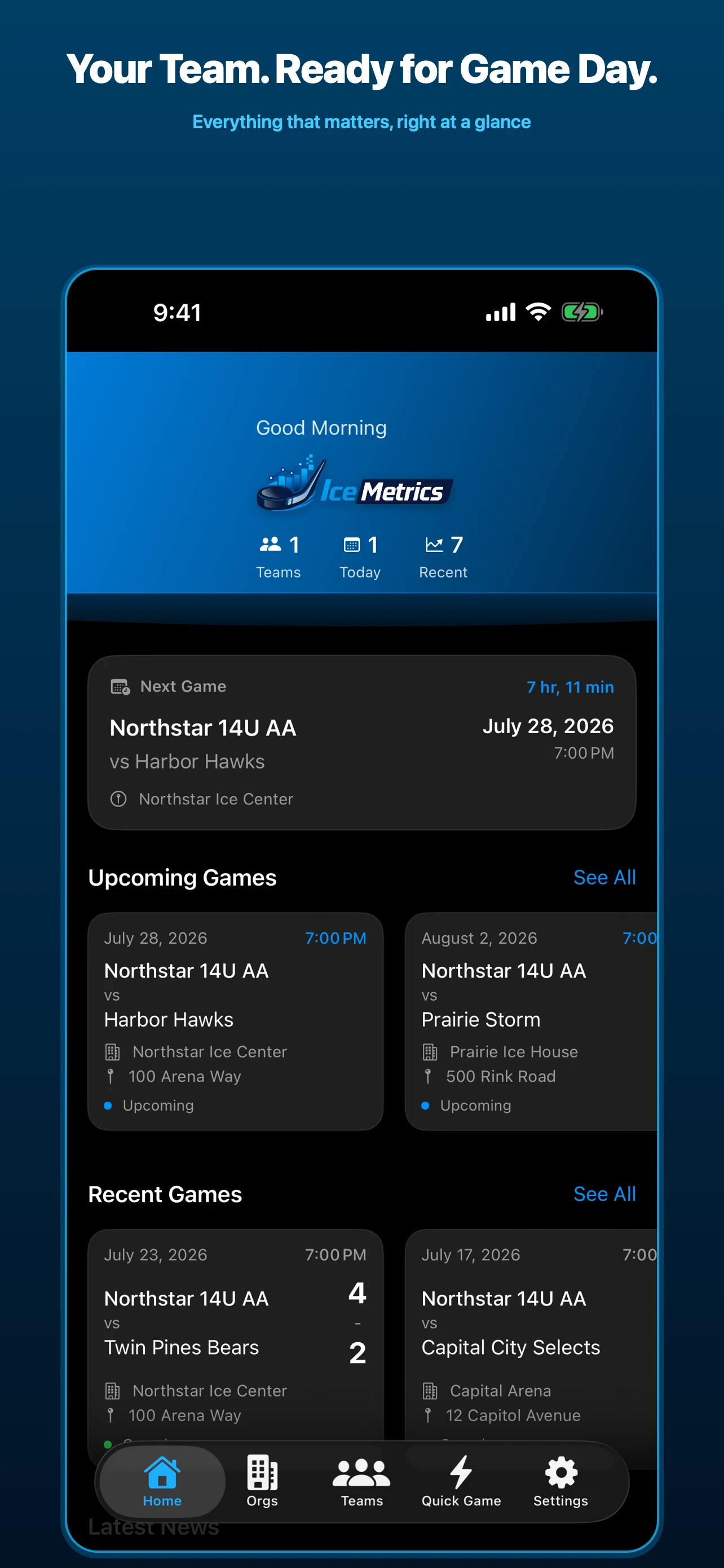 IceMetrics home dashboard with upcoming and recent hockey games